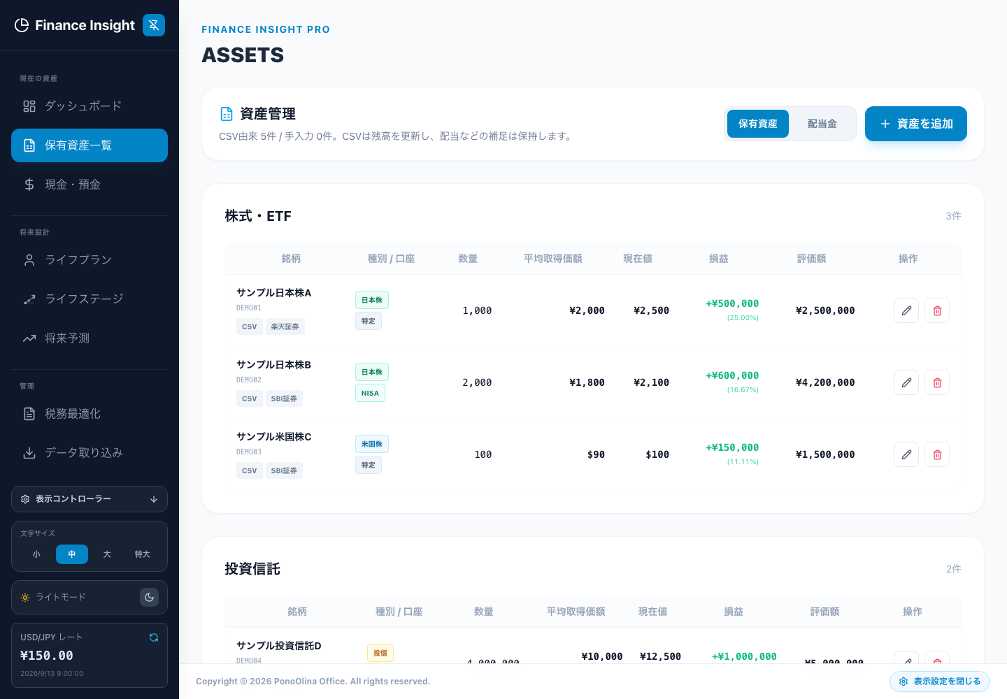 保有資産一覧。株式・投資信託・現金等の区分で確認できます。