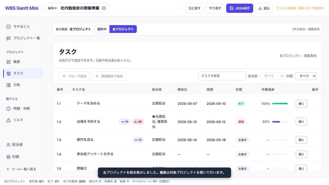全案件のタスク表示。案件見出しは表示専用で、保存されるWBSの階層を増やしません。